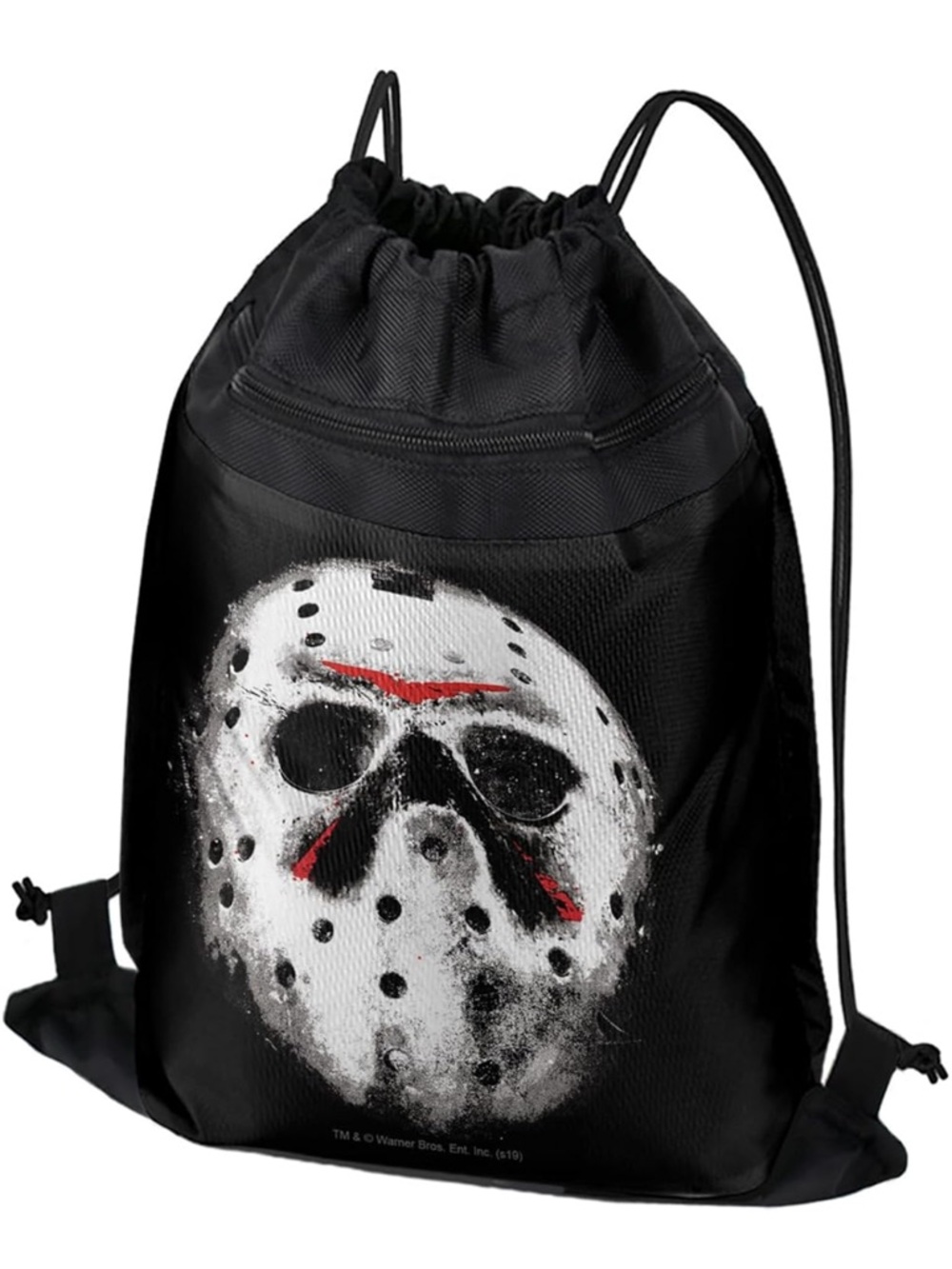 Black Drawstring Backpack with Horror Mask Graphic